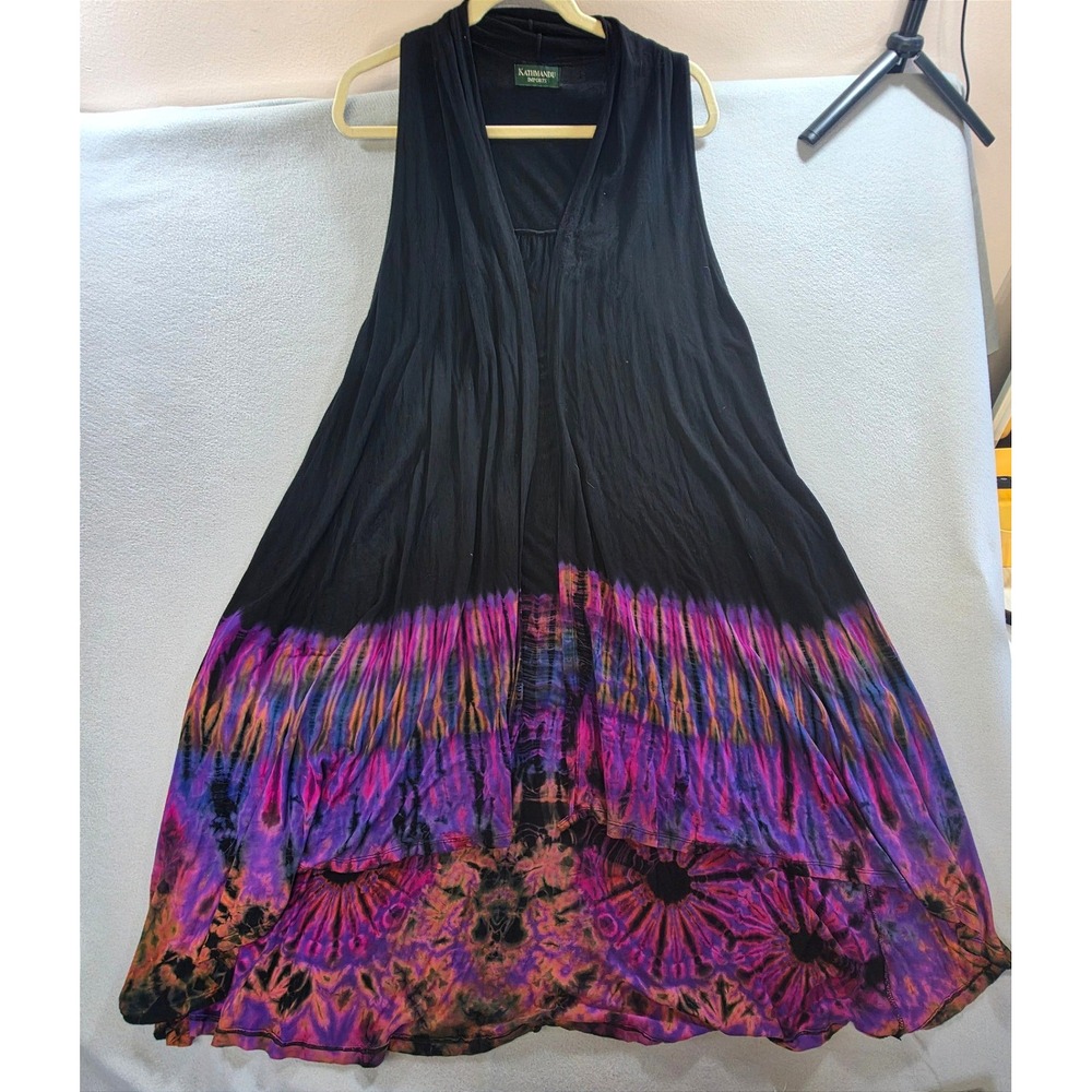 Kathmandu Imports Boho Tie Dye High Low Open Front Vest OS Purple Psychedelic